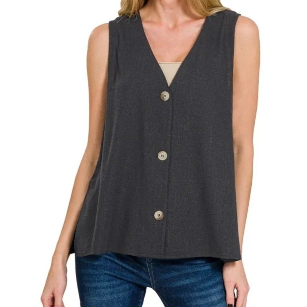 Zenana Women Side‎ Slit Button-Front Vest Black Linen Blend V-Neck Sleeveless Sm